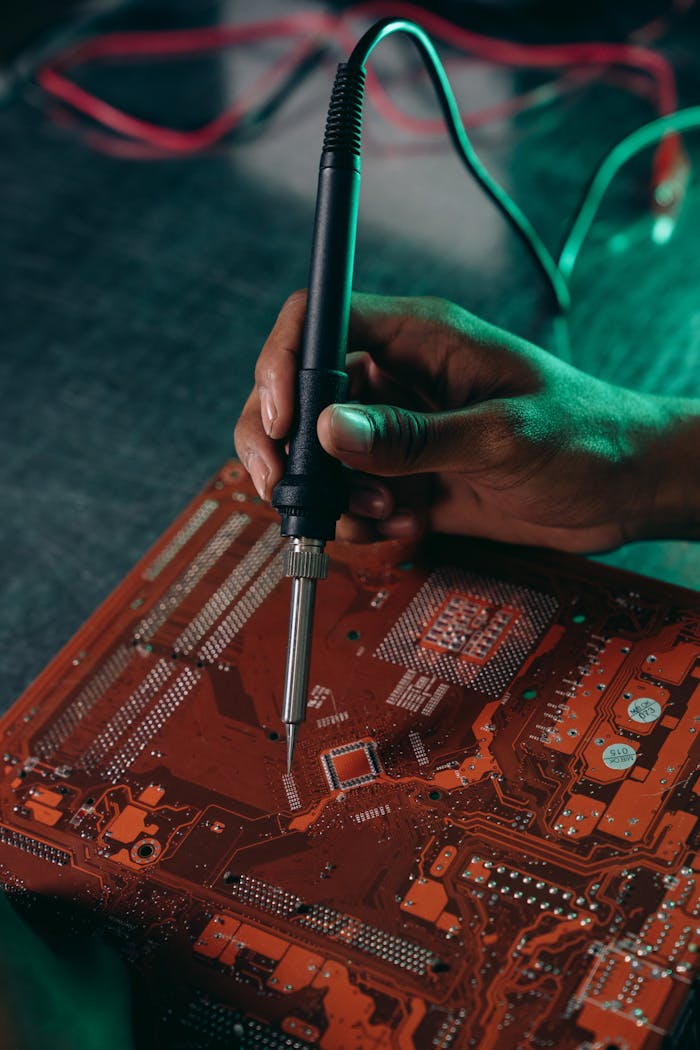 Close-up of hand using soldering iron on motherboard, highlighting electronics repair work.
